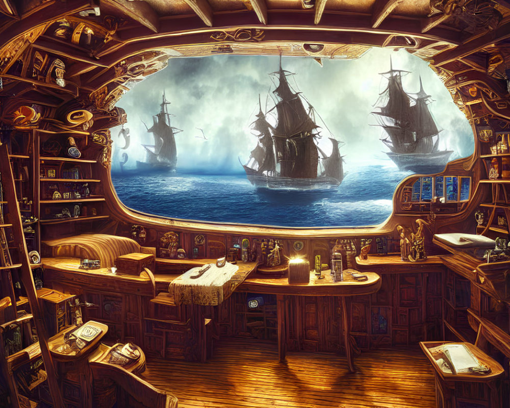 Wooden ship cabin with large window overlooking tall ships at sea and maritime decor.