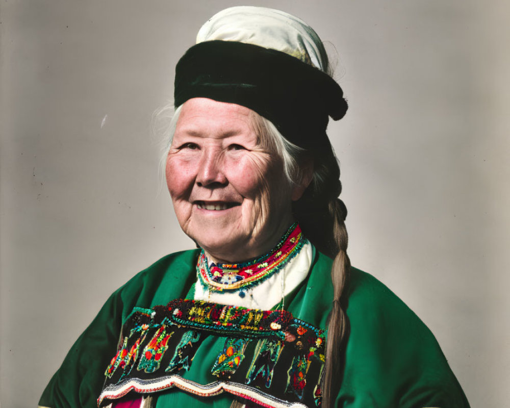 Elderly woman in green dress with colorful embroidery and black hat