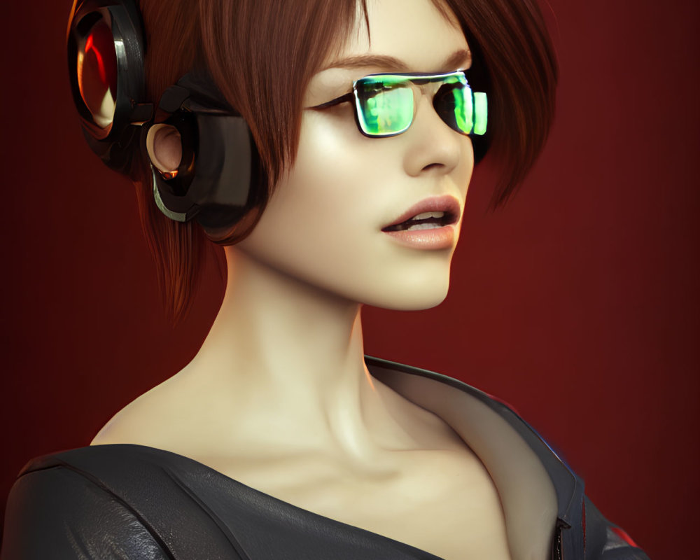 Portrait of woman with short brown hair, green glasses, and headphones on red background