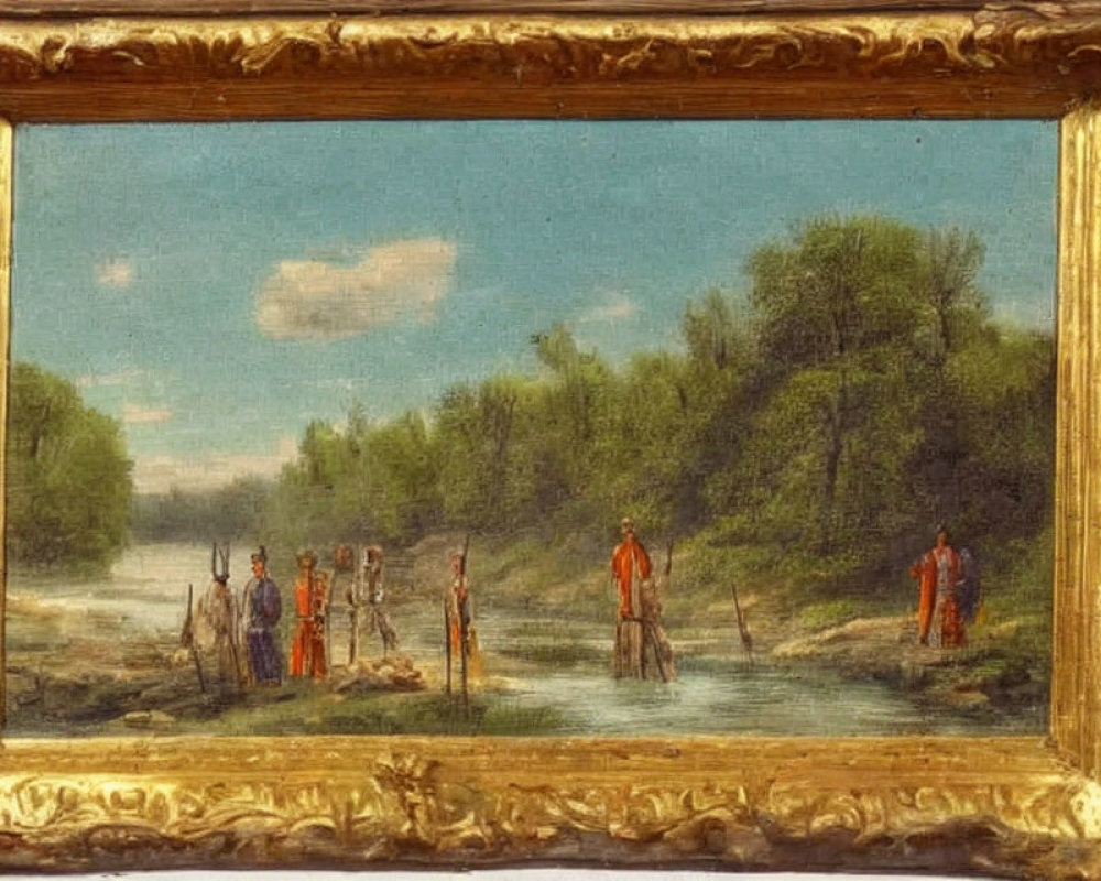 Traditional attire figures by serene river in classic oil painting frame