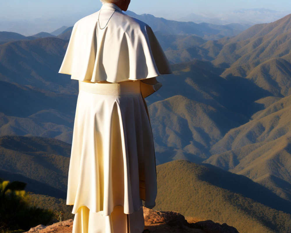 Person in white religious robes on mountain overlooking rolling hills under blue sky