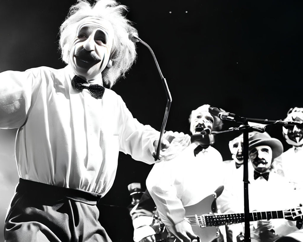 Colorful Clown Performer Singing with Band and Vintage Microphone