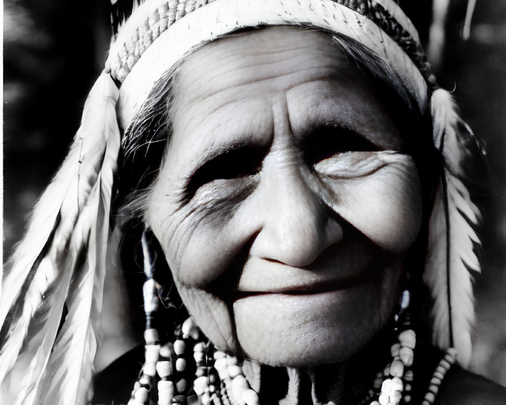 Elderly woman in Native American headdress with feathers and beads