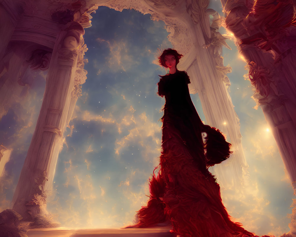 Regal figure in red dress at ornate archway under starry sky