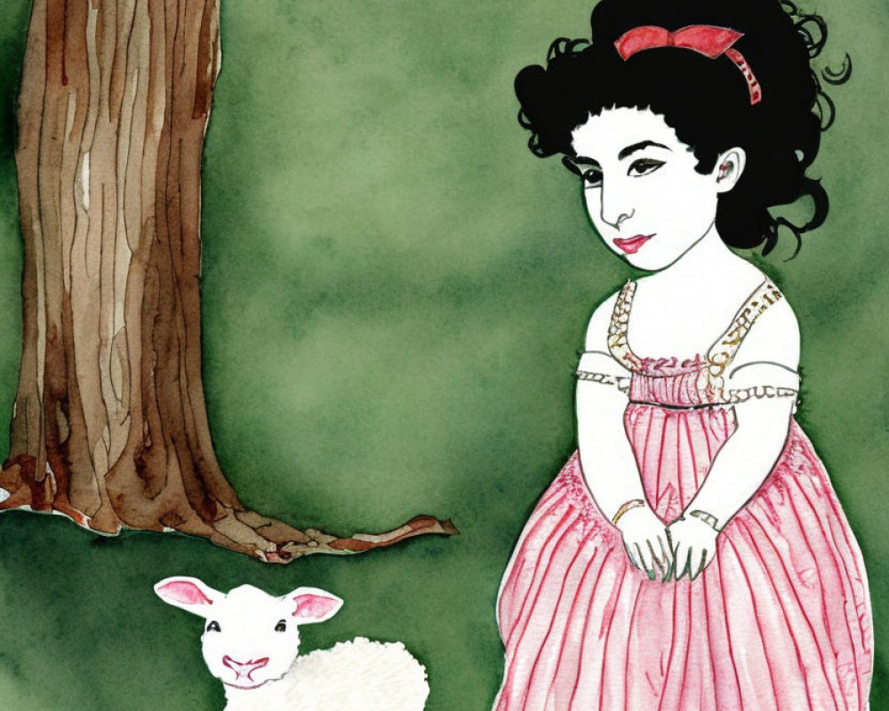 Colorful watercolor illustration of woman in pink dress with red bow, tree, and sheep on grass