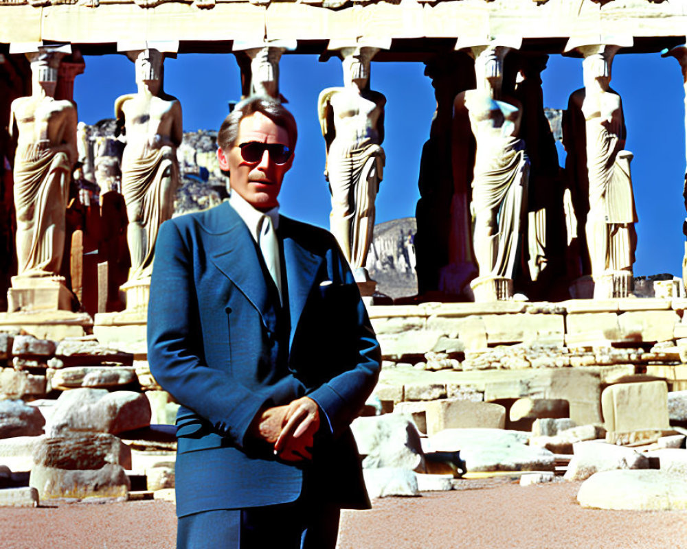 Man in Blue Suit at Ancient Greek Ruins with Carved Statues