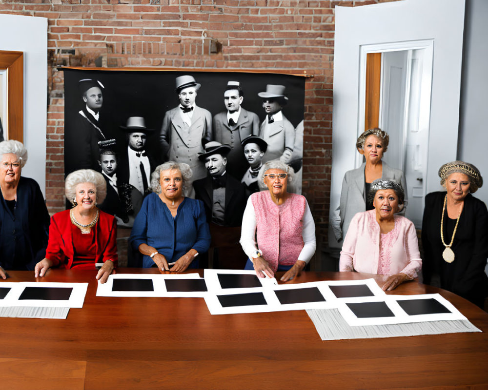 Seven elderly women with vintage photo of men in brick room