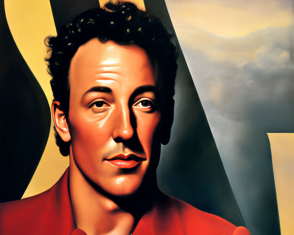 Stylized portrait of man in red jacket with oversized letter "S" on cloudy sky