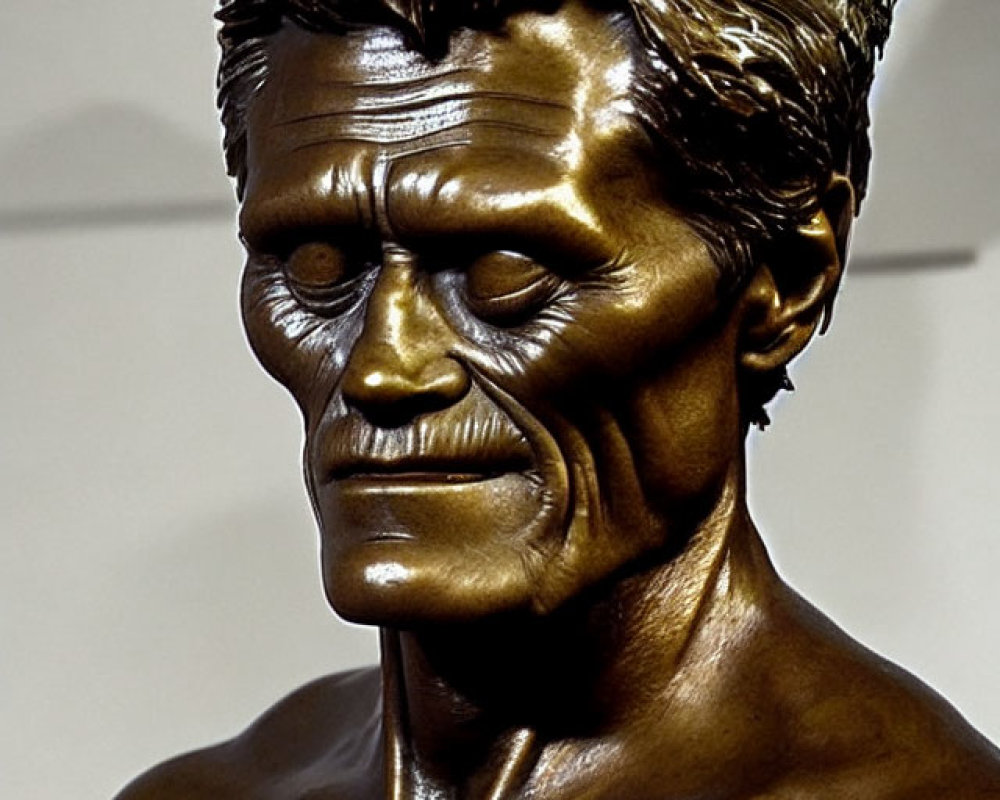 Detailed Bronze Statue of Male Figure with Textured Hair and Serious Expression