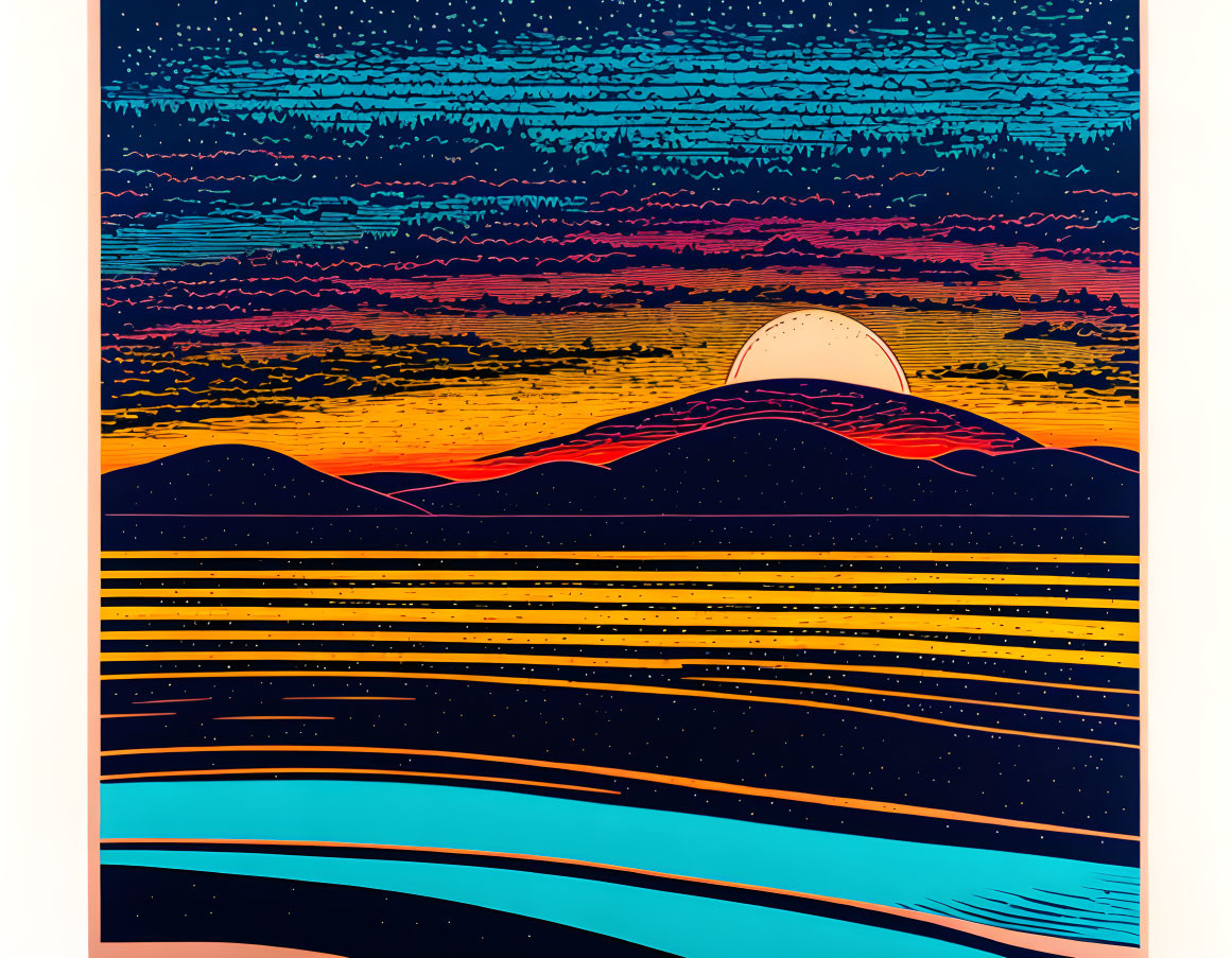 Stylized landscape with layered sunset and vibrant sky