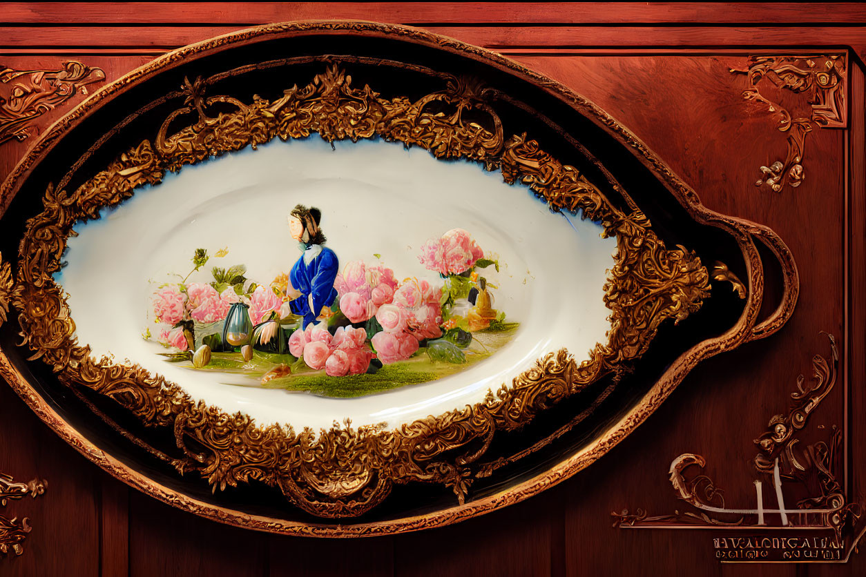 Detailed Oval Gold-Framed Painting of Serene Woman in Blue Amid Pink Flowers