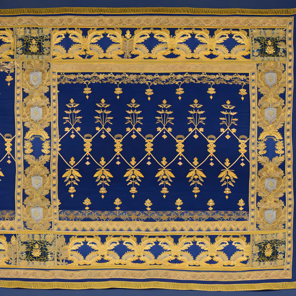 Blue Textile with Golden Plant Motifs and Decorative Border