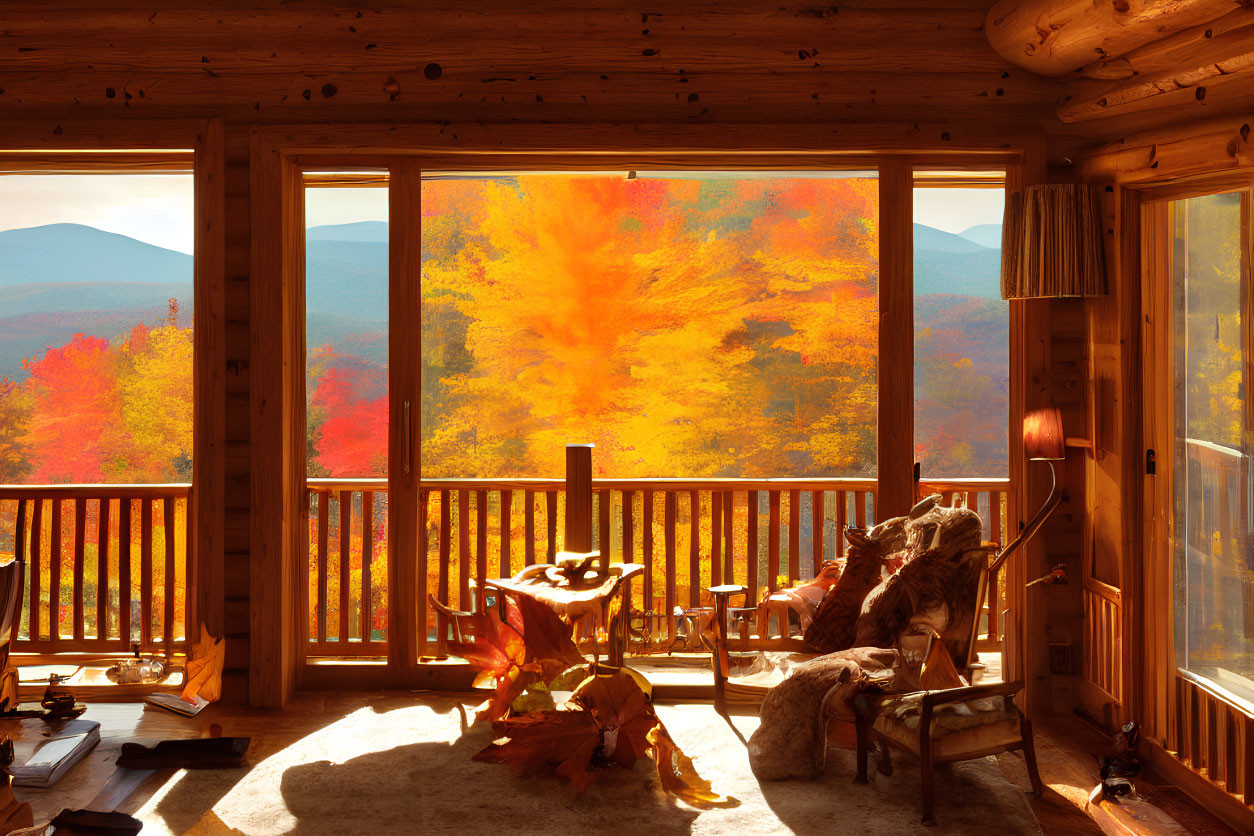 Rustic cabin interior with autumn mountain view