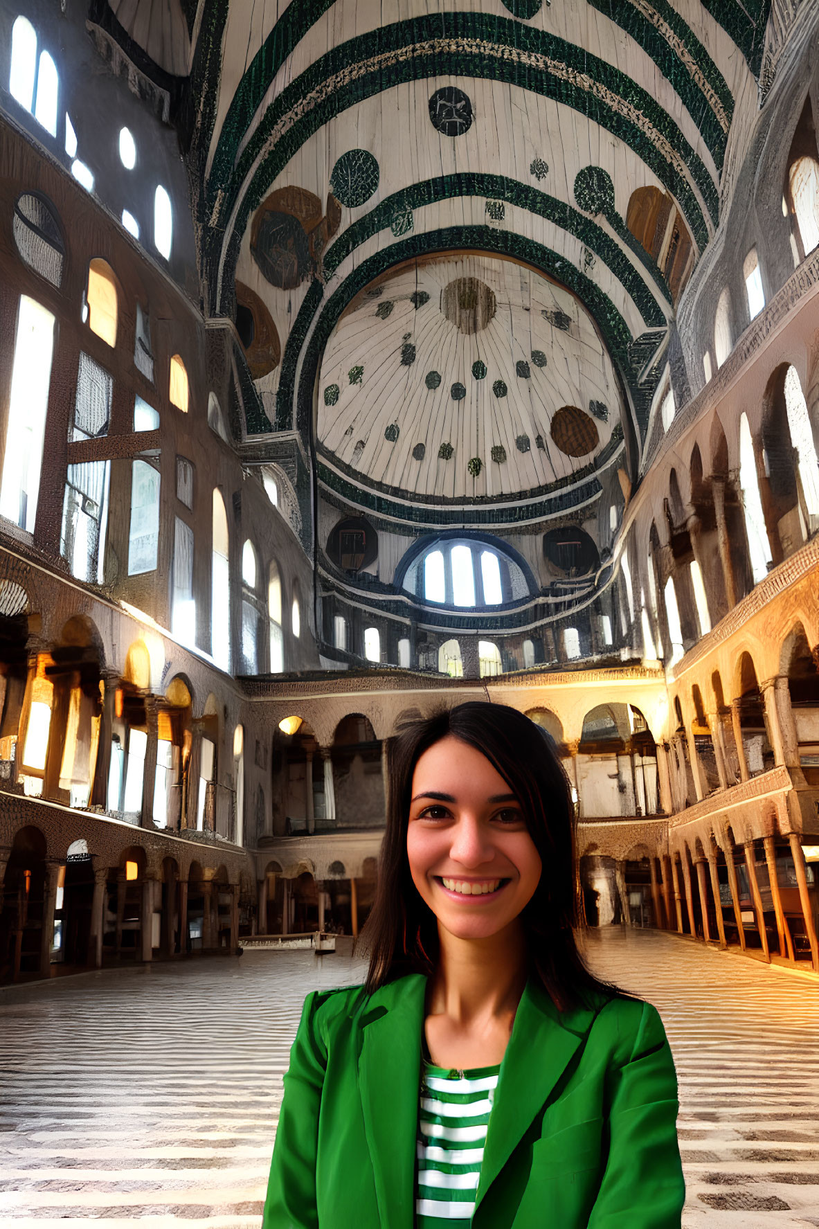 Smiling woman in green blazer against historic building backdrop