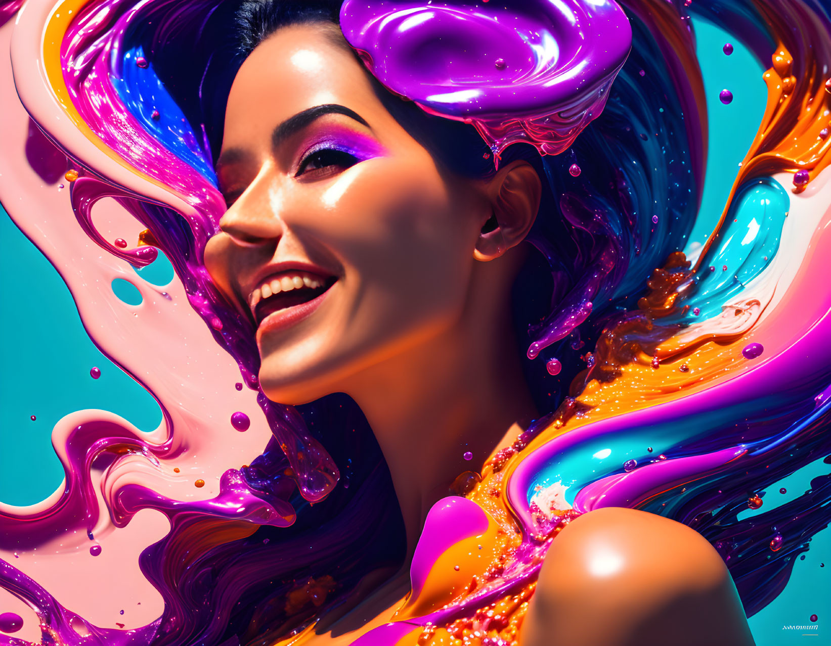 Colorful Swirling Paint Splashes Surrounding Joyful Woman