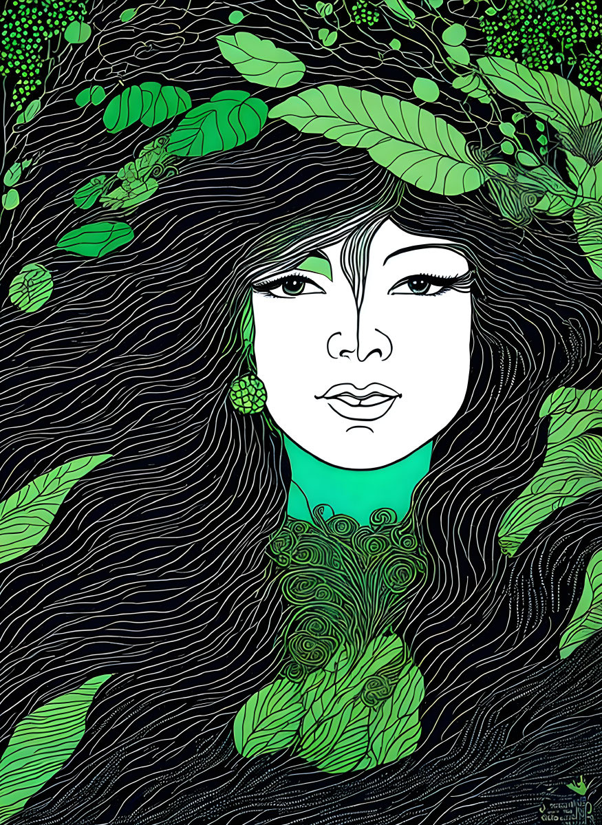 Detailed woman illustration with flowing hair and green foliage on black background