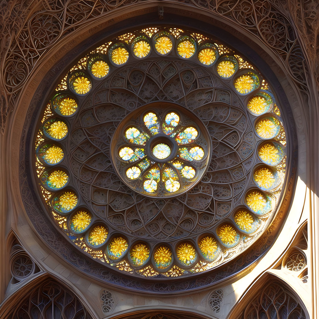 Intricate Gothic-style rose window with stained glass and tracery