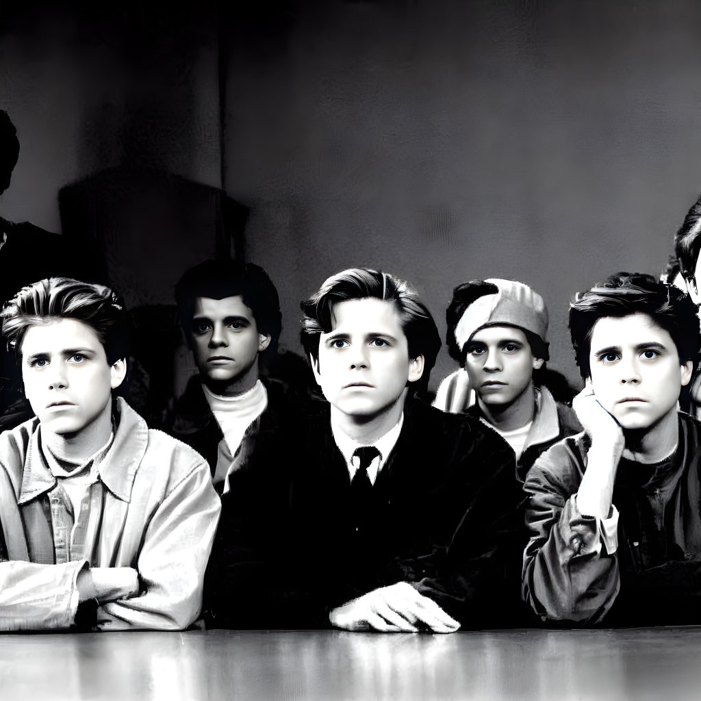 Five young boys in monochrome, 80s/90s attire, sitting in a row with