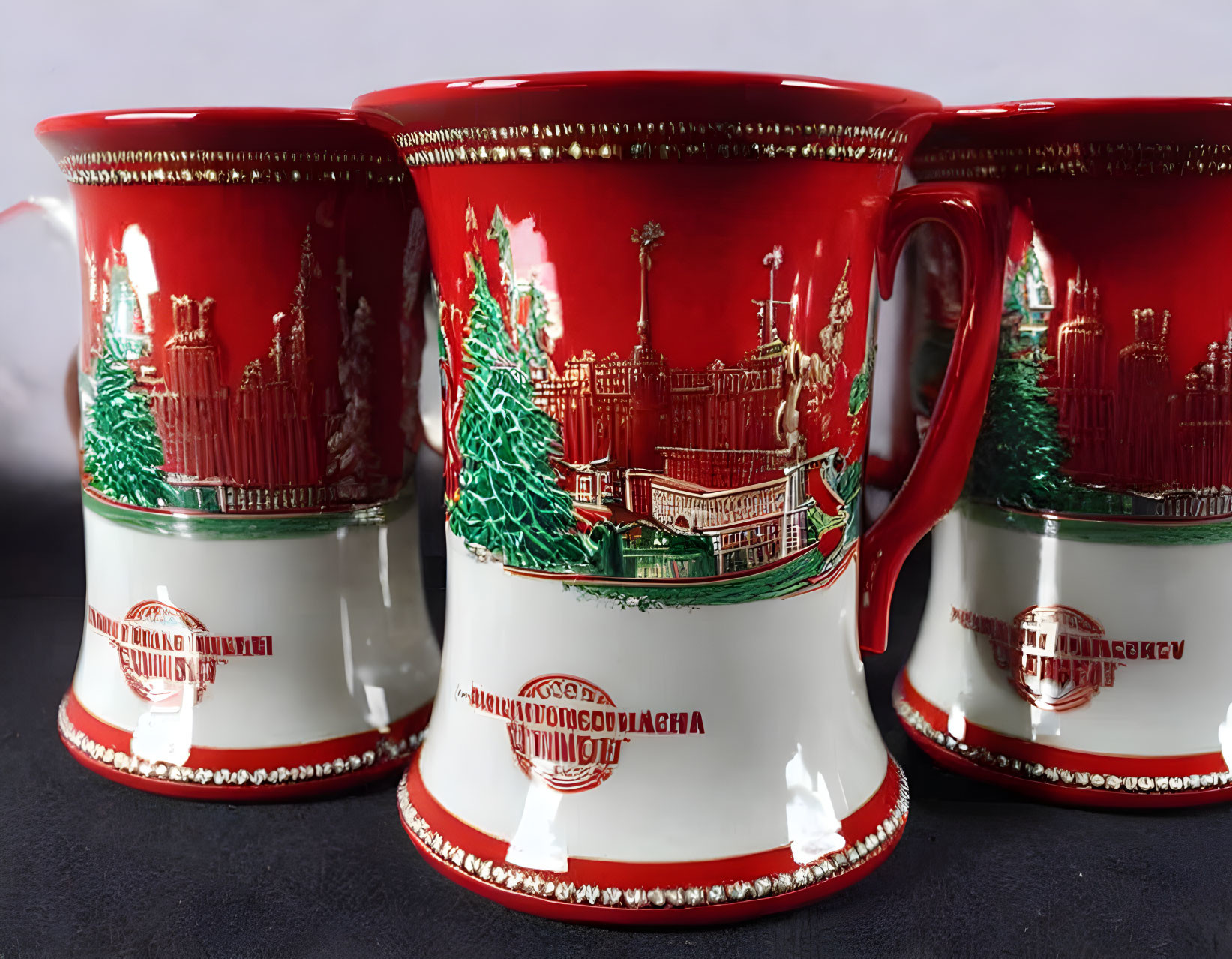 Red and White Christmas-Themed Decorative Mugs with Russian Text