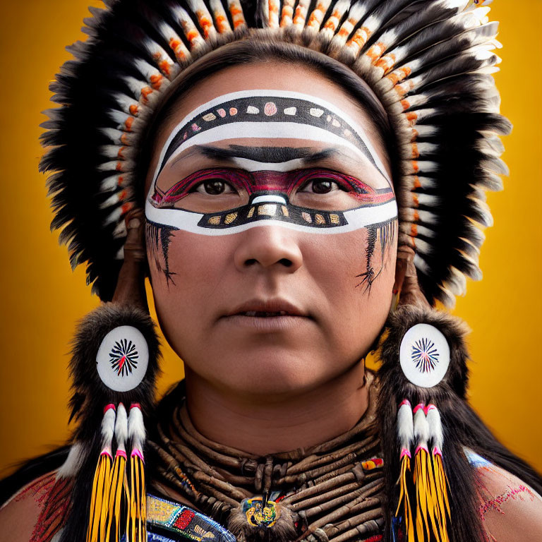 Intricate Native American headdress with beadwork and feathers