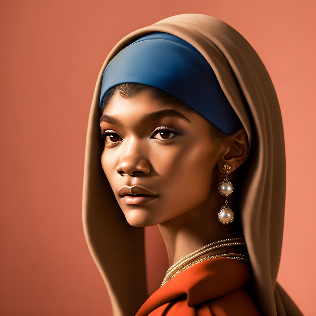 Illustration of woman in blue headscarf and orange garment on peach background