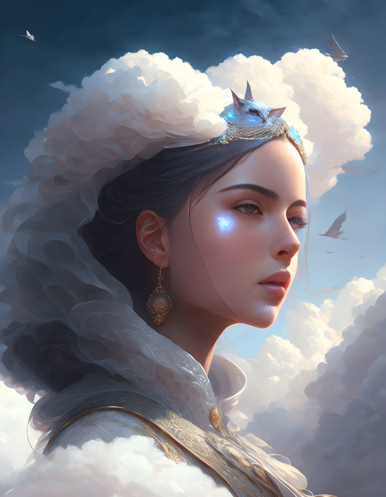 Regal Woman with Silver Crown and White Fur Collar under Soft Clouds