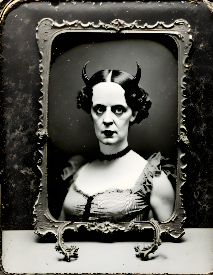 Vintage Gothic Portrait with Horns and Frilly Dress in Ornate Frame