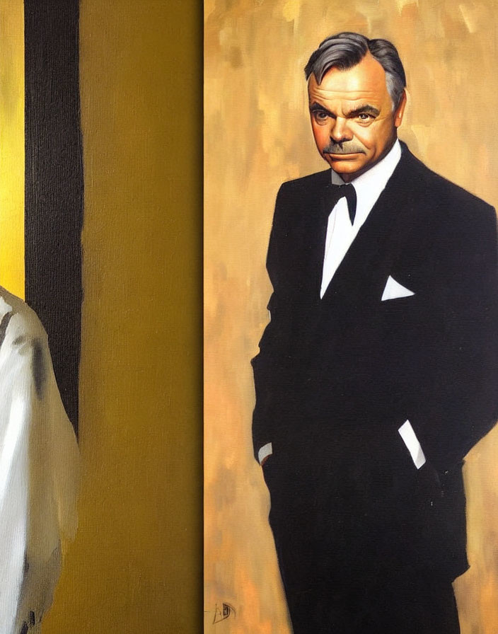 Portrait of older man in black tuxedo beside yellow wall