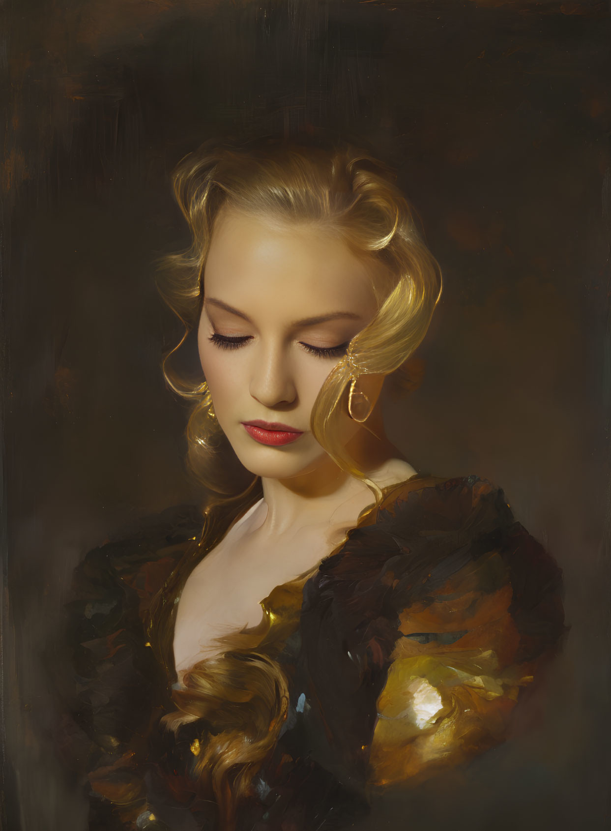 Blonde woman in elegant curls and gold attire with closed eyes