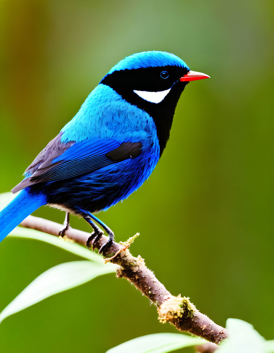 Colorful Blue Bird with Black Head and Red Beak Perched on Branch