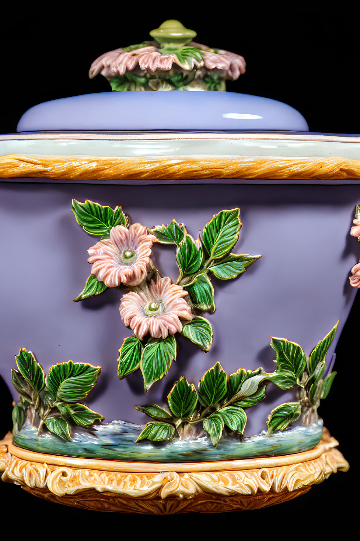 Purple Porcelain Vase with Gold Accents and Floral Design