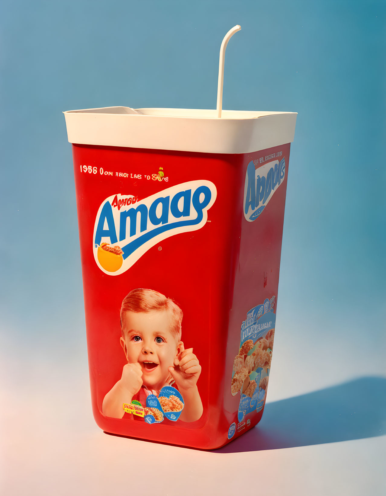 Baby cereal carton with straw: Smiling baby on blue background