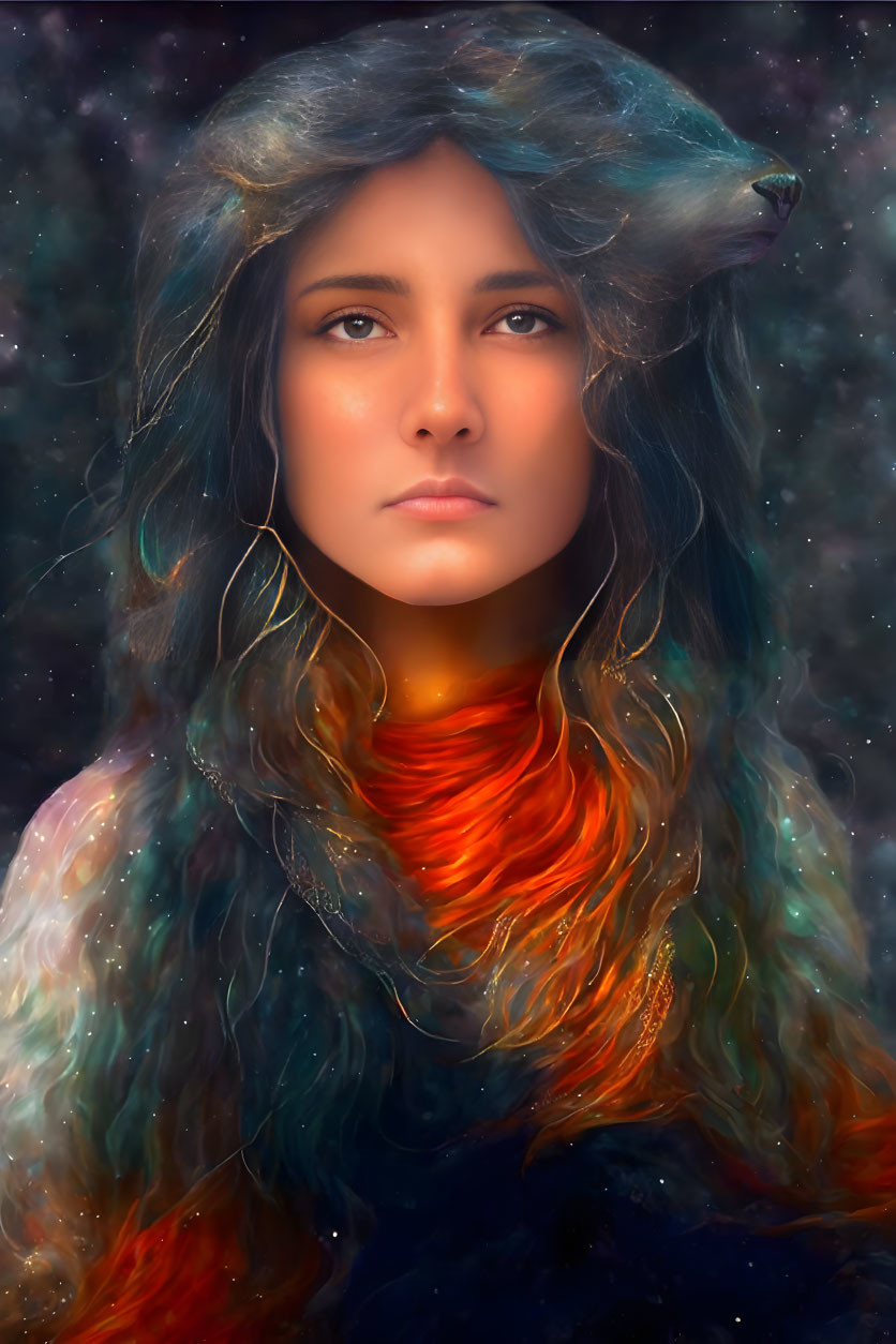 Digital artwork: Woman's portrait merges with cosmic elements; hair transforms into vibrant nebula with wolf silhouette