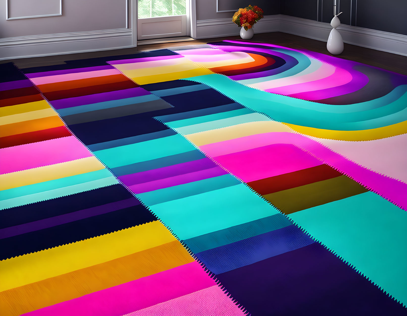 Colorful Zigzag Pattern Geometric Carpet in Gray Room