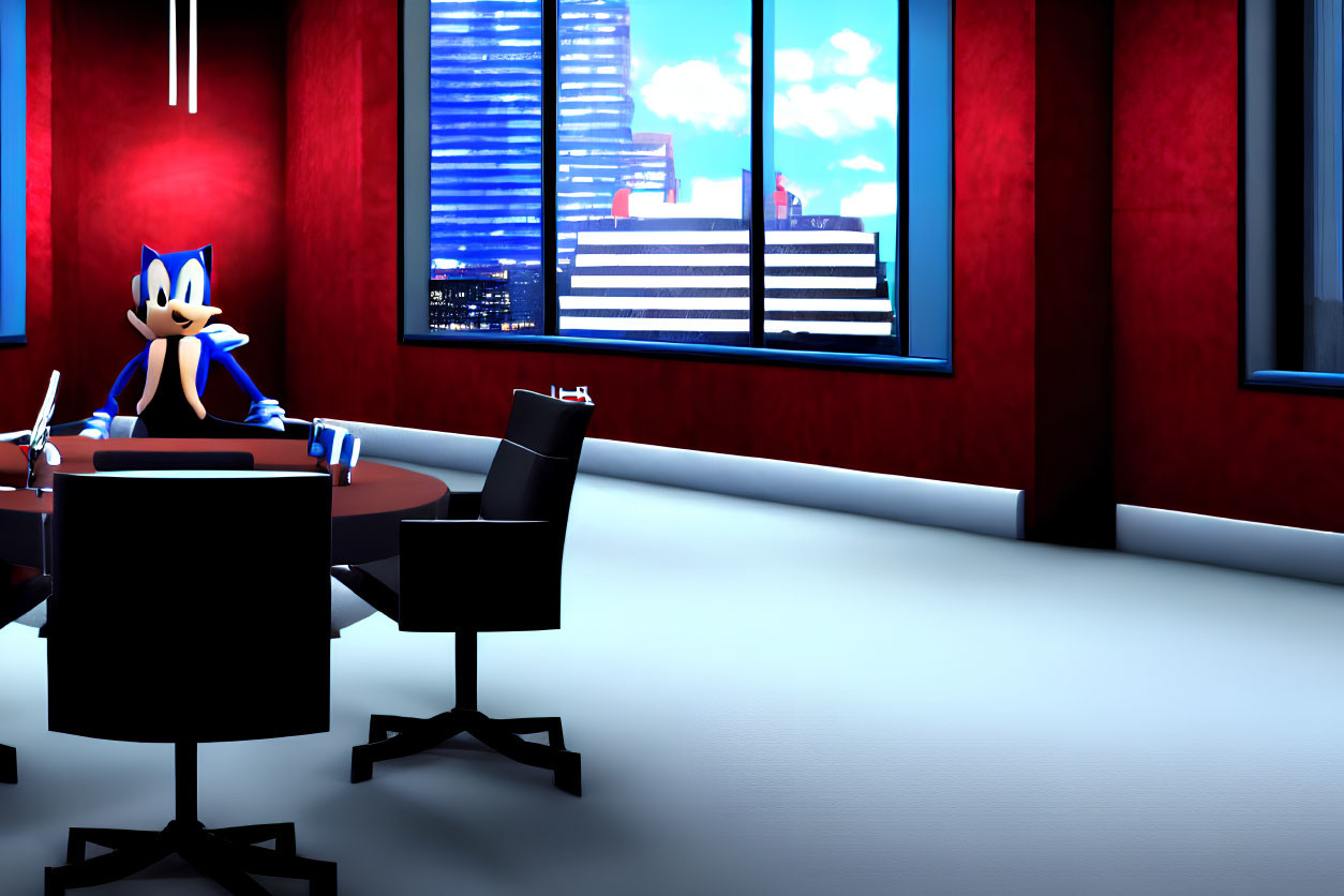 Animated Sonic character at desk in modern office with red walls and city view.