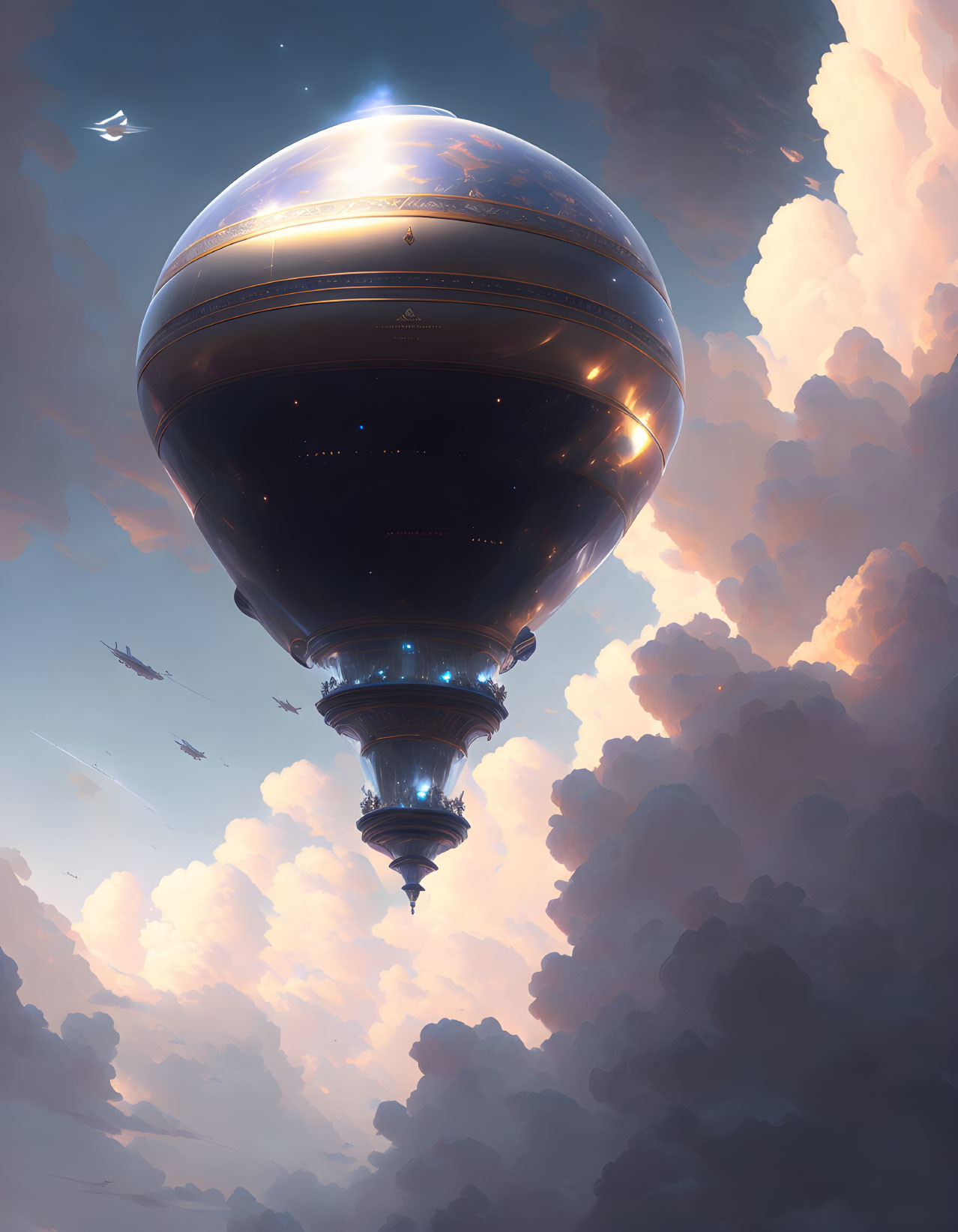 Gigantic futuristic airship in cloudy sky with smaller vessels.