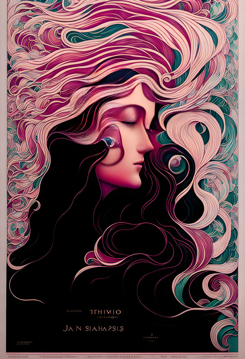 Stylized female profile with flowing hair in pink and purple palette and intricate patterns.