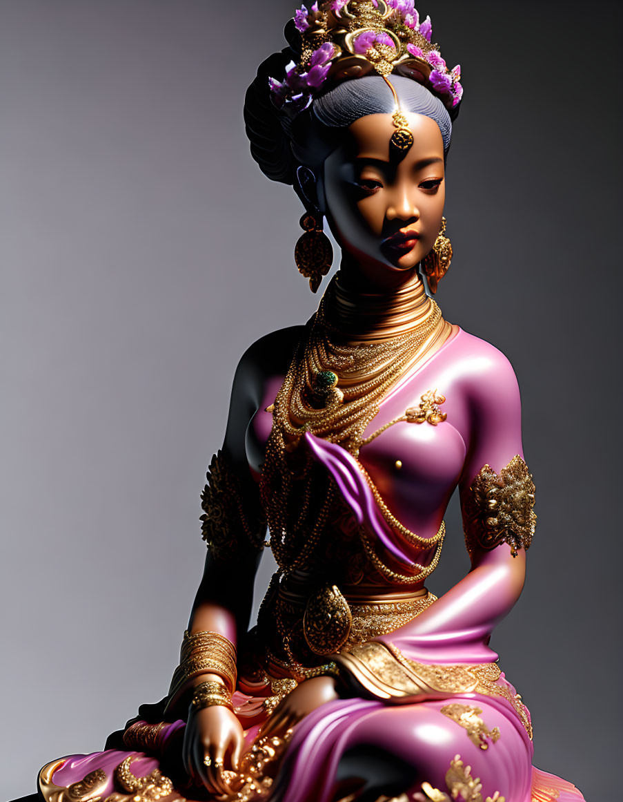 Intricate gold jewelry adorns seated woman in purple garment