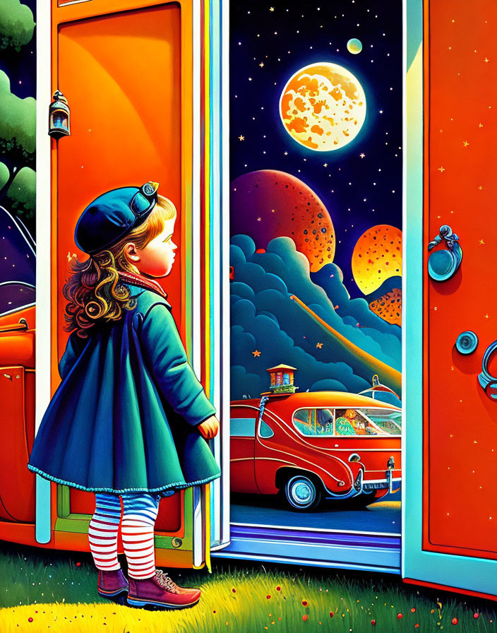 Young girl in blue coat gazes at whimsical night scene