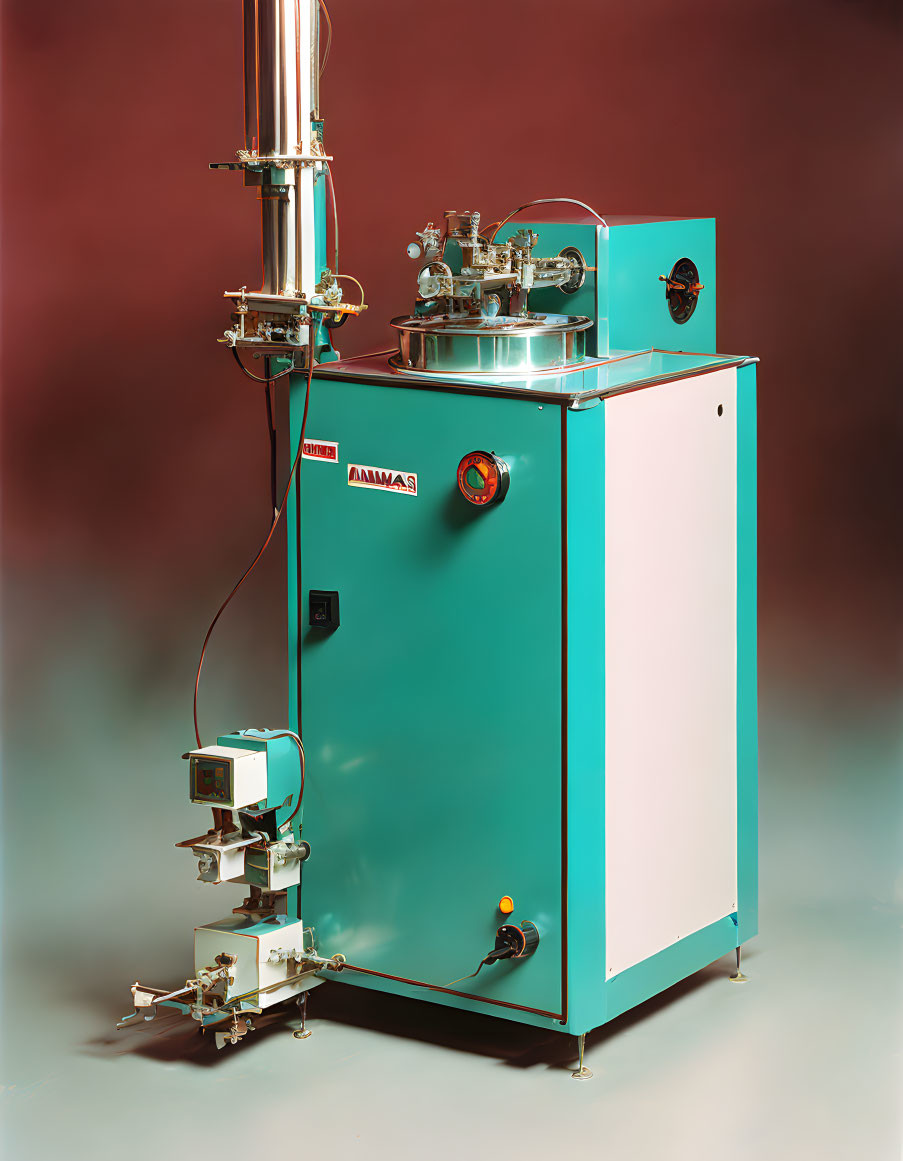 Teal industrial machine with dials and pipes on red background