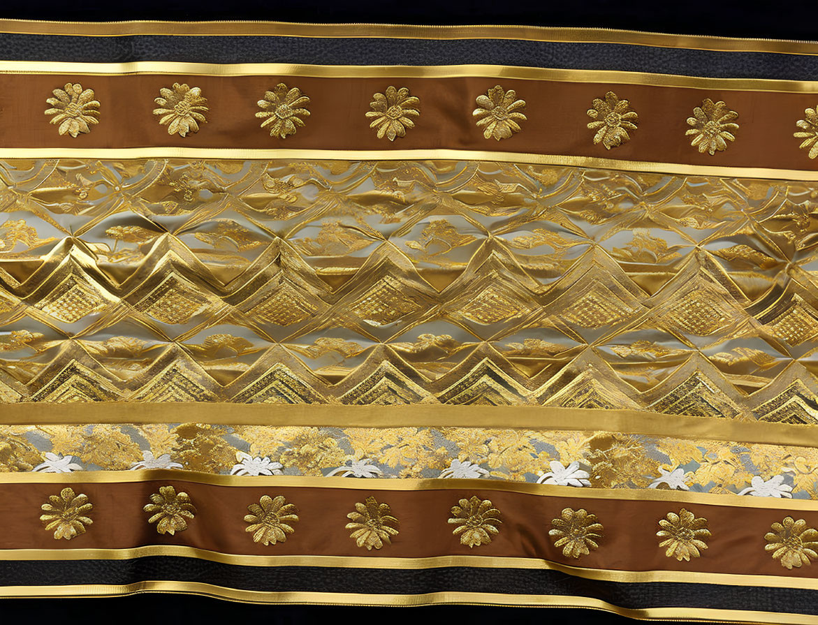 Golden Diamond Pattern Fabric with Floral and Striped Designs on Dark Background