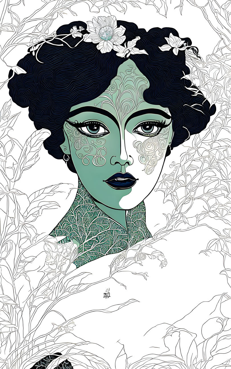 Illustrated portrait of woman with dark hair, white flowers, greenish skin, intricate face patterns,