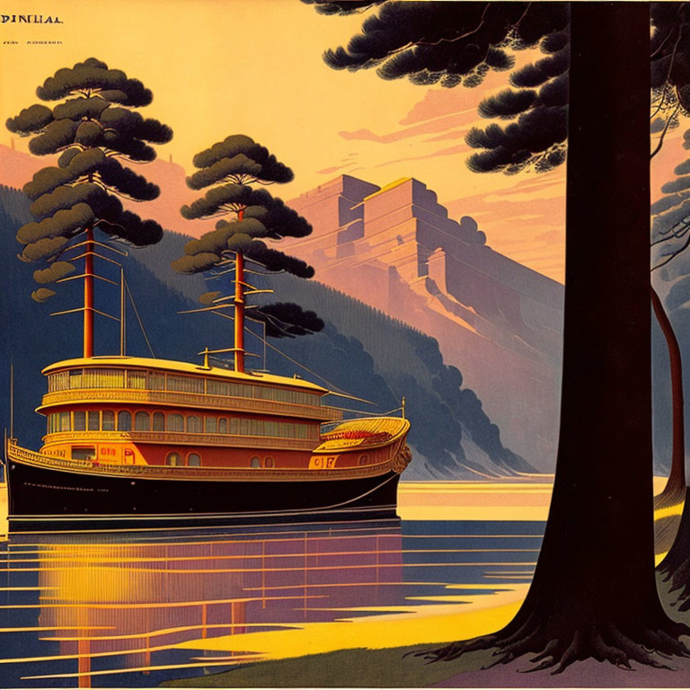 Vintage Style Illustration: Steamboat on Tranquil Water with Forest, Castle, and Misty Mountains