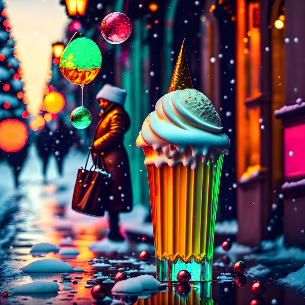 Colorful Streetscape with Giant Cupcake and Festive Holiday Decorations