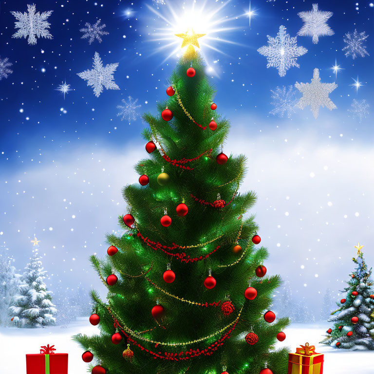 Festive Christmas tree with red ornaments, golden garland, star topper, snowflakes