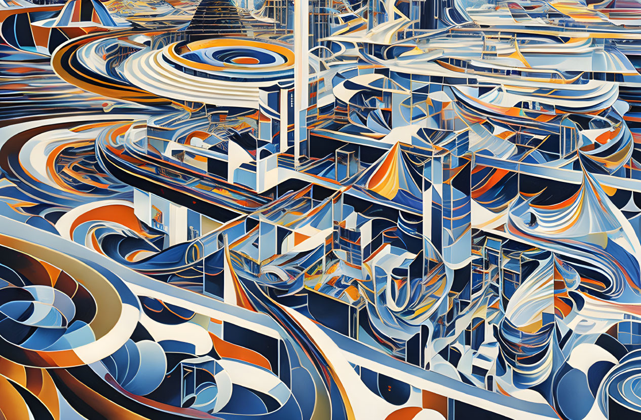 Intricate swirling patterns in blue, orange, and white shapes