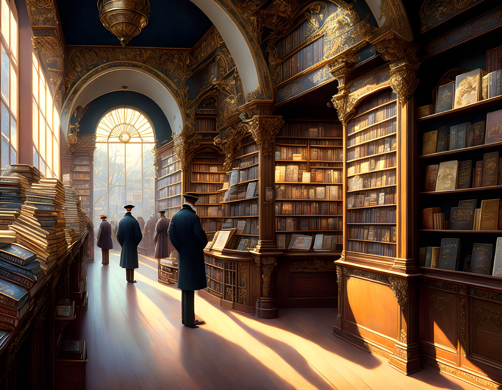 Luxurious library with tall bookshelves, golden tones, arched windows, and people enjoying the