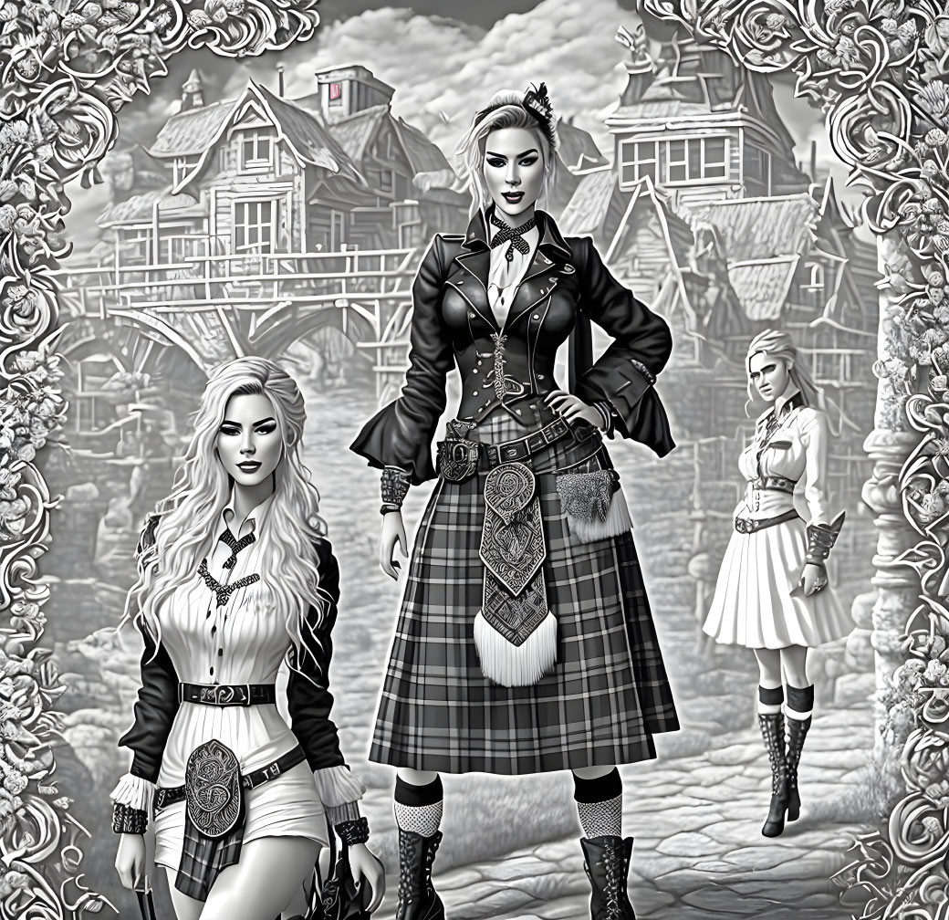 Monochrome illustration of three women in Scottish attire with tartan skirts and Celtic patterns.