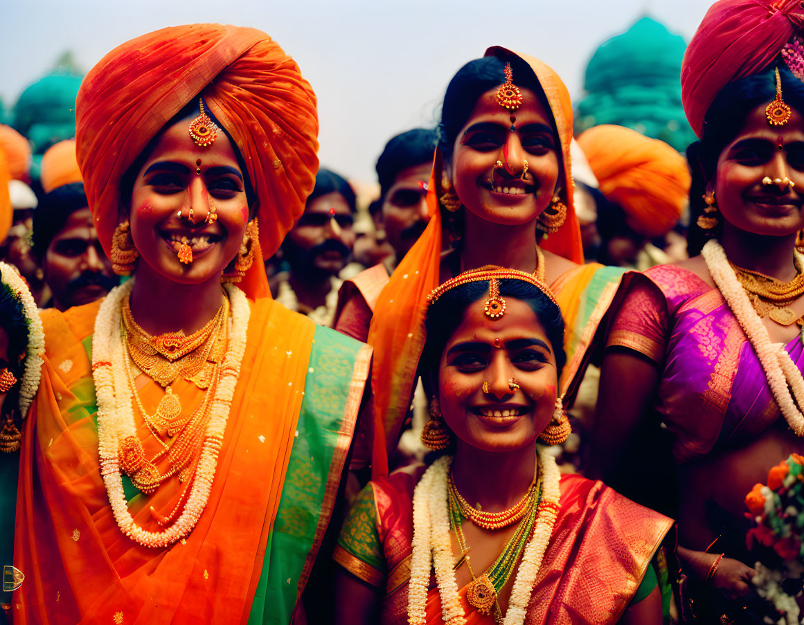 Vibrant traditional Indian attire: Smiling women in orange turbans