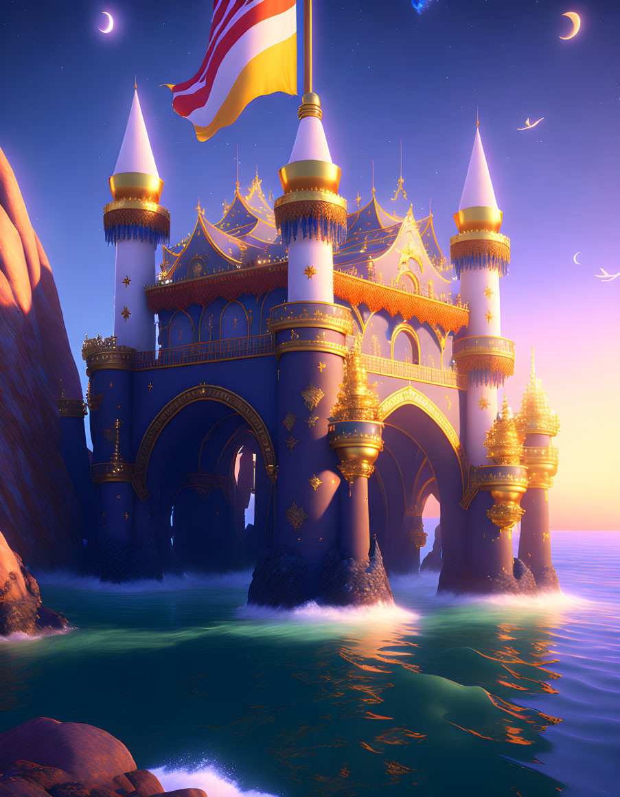 Fantastical castle with spires and golden accents in teal waters at sunset